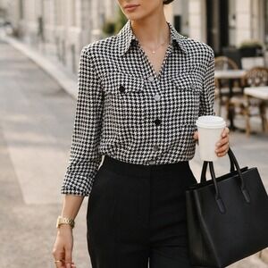 Notations Vtg Houndstooth Satin Button Front Blouse Size 10 Brown White Career